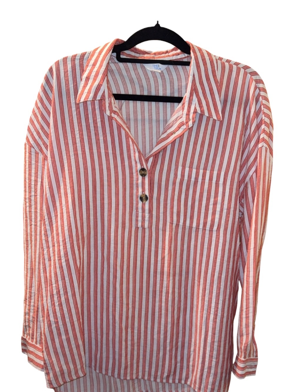 Time and Tru Red and White Striped Button-Front Shirt